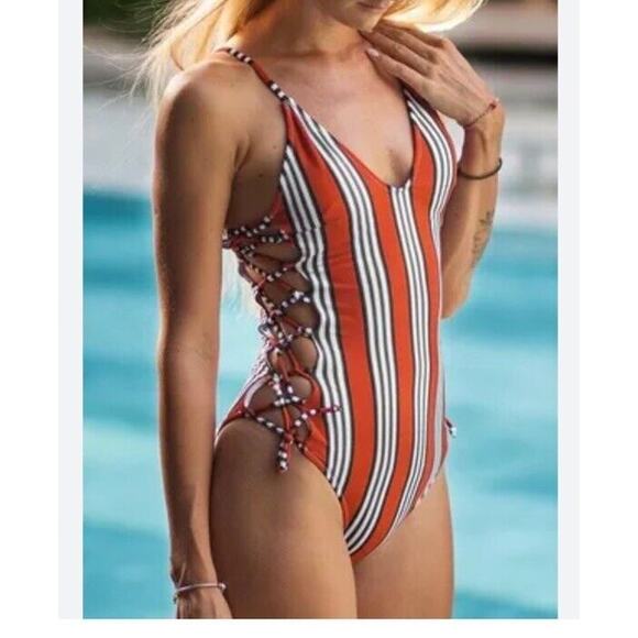 Cupshe Other - Cupshe Swimsuit Women's Medium One Piece Striped Side Tie Strings V Neck